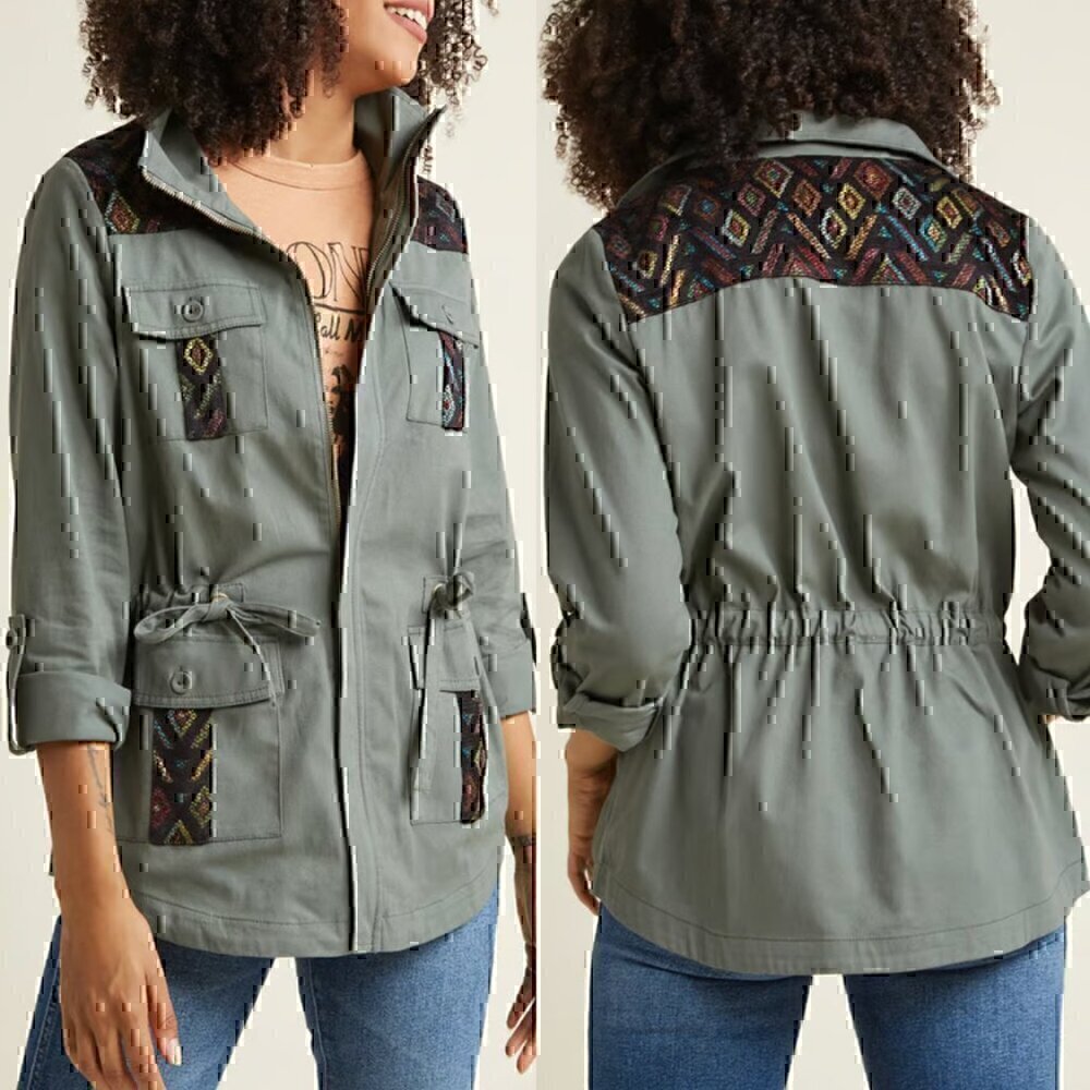 MODCLOTH Keep a Woven Mind Jacket Olive Army Green Multi Aztec Boho Embroidered